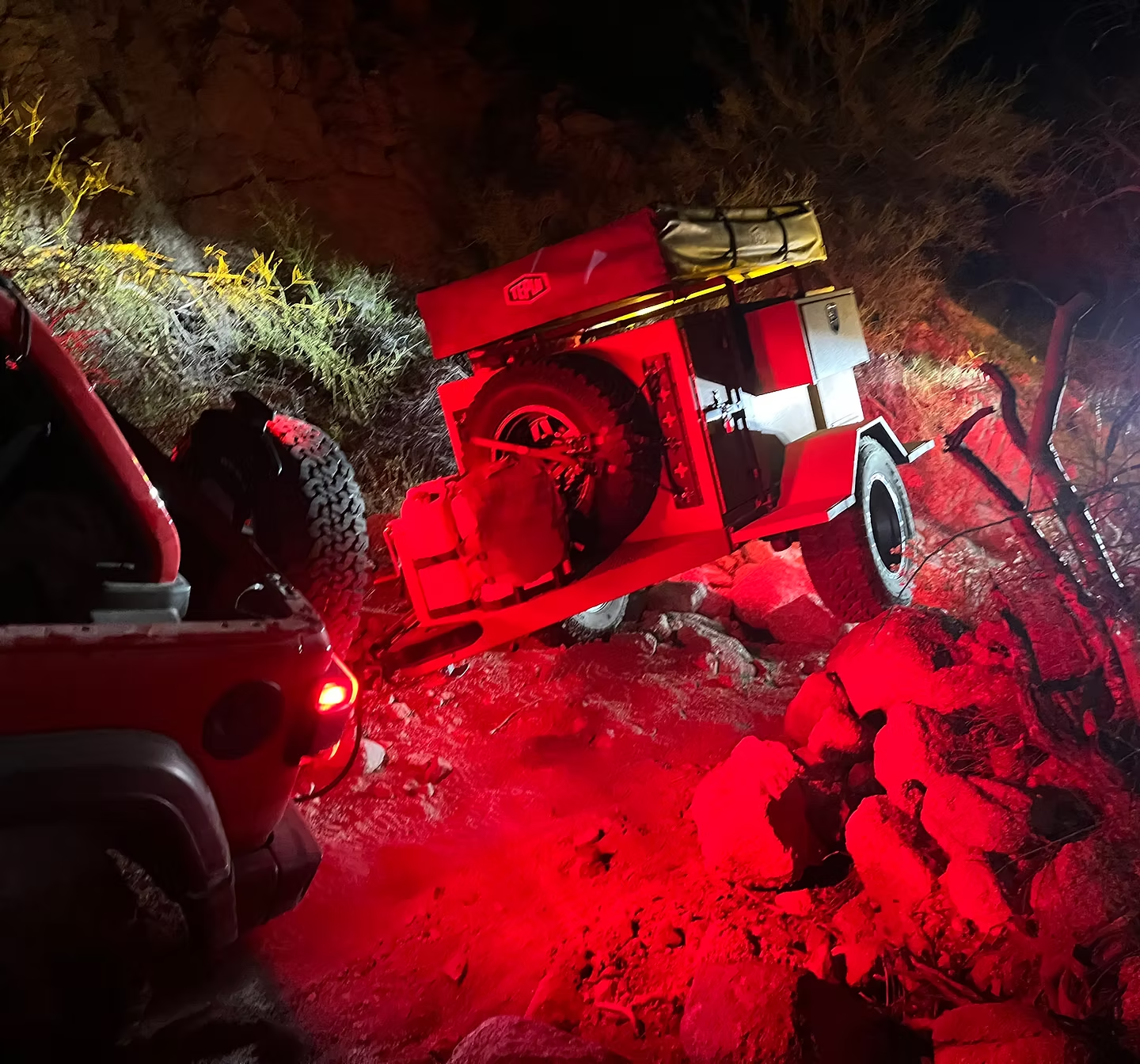 box canyon trailer on trail at night