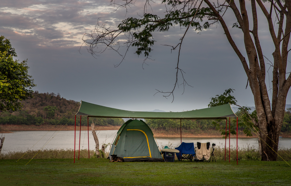campsite with tarp for shade