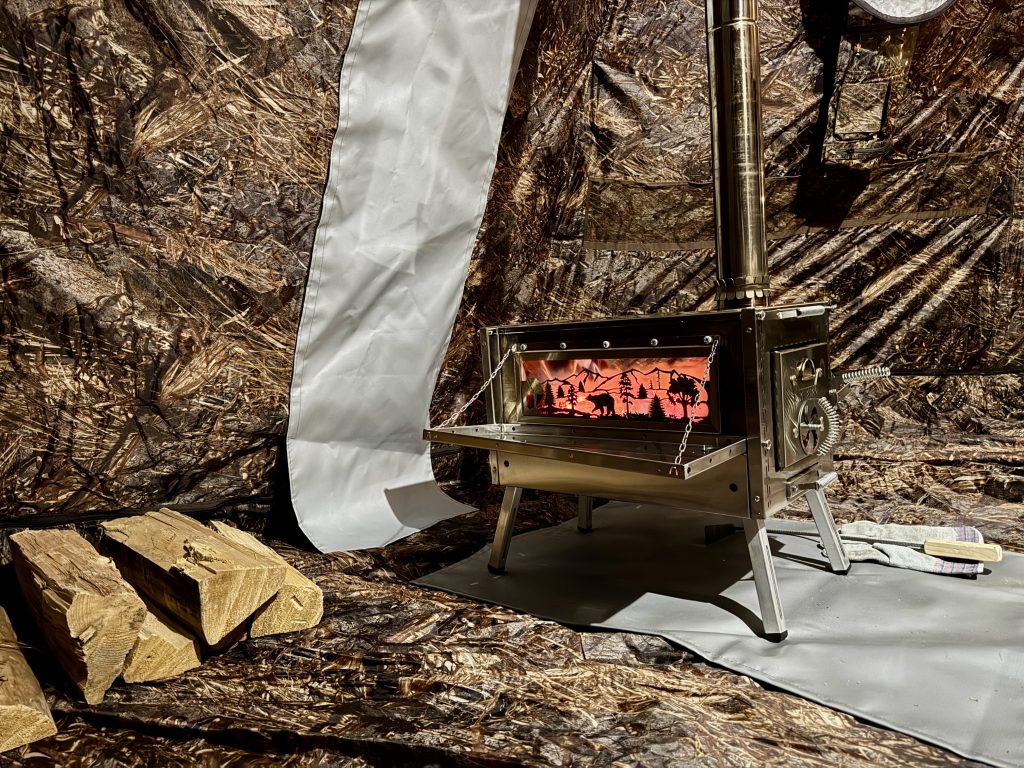PF Bereg UP-5 hot tent with wood stove and pipe installed through stove jack