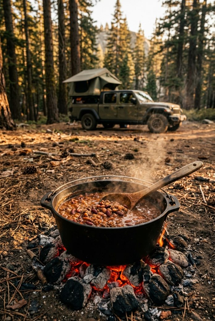 Dutch oven chili simmering over a campfire in a forest clearing with a Jeep and rooftop tent nearby.