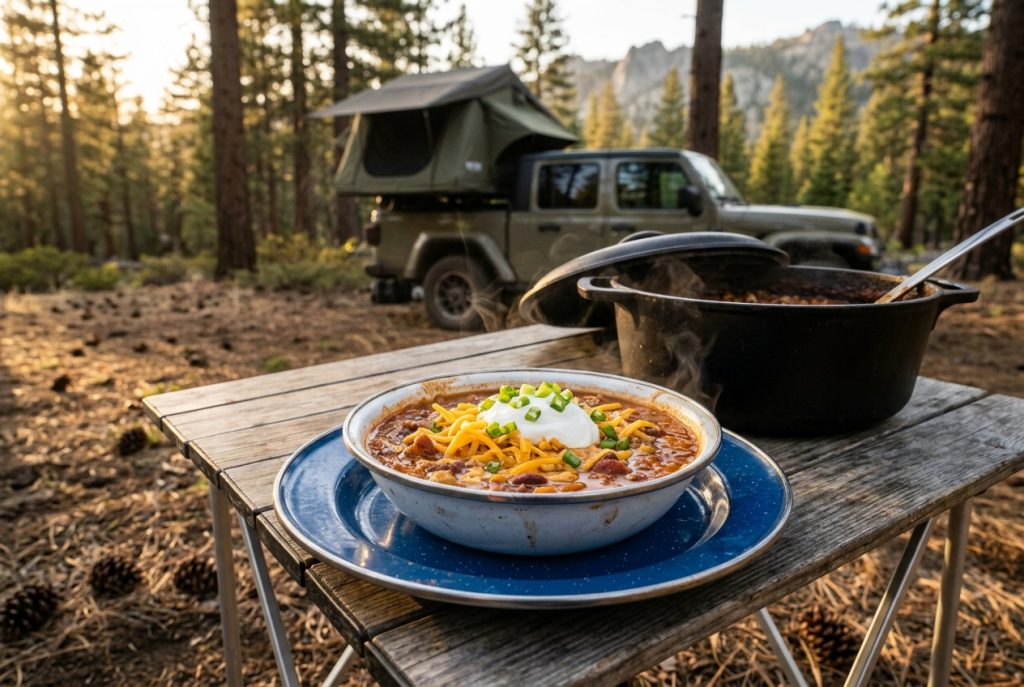 Bowl of Dutch oven chili served with toasted garlic bread on a camp table near the cooking pot.