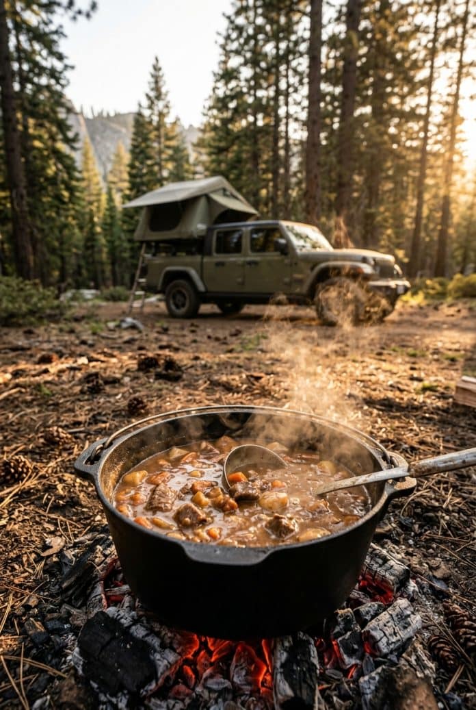 Dutch oven beef stew and a bowl with bread on a camp table, Jeep Gladiator and rooftop tent visible in the forest behind.