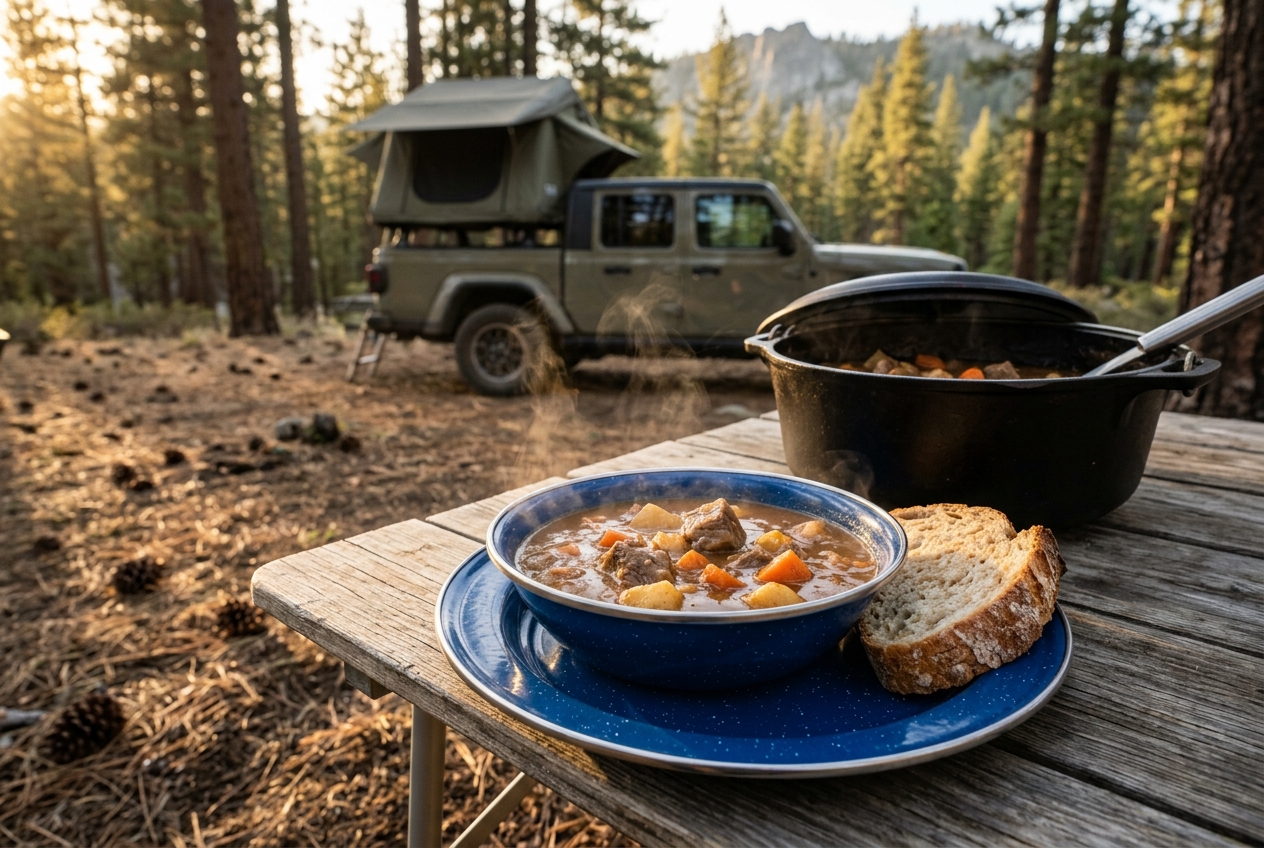 Bowl of Dutch oven beef stew with carrots and potatoes served alongside crusty bread at a forest campsite.