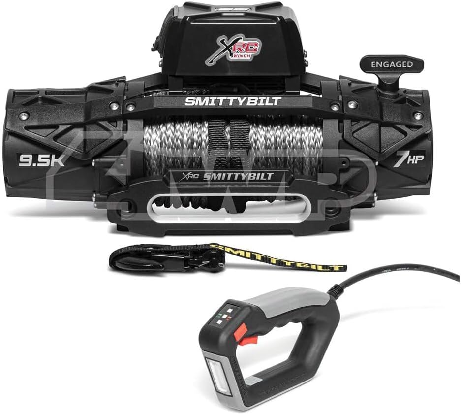 Smittybilt XRC Gen3 9.5K winch with synthetic rope, strap, and wireless remote on a white background — manufacturer image