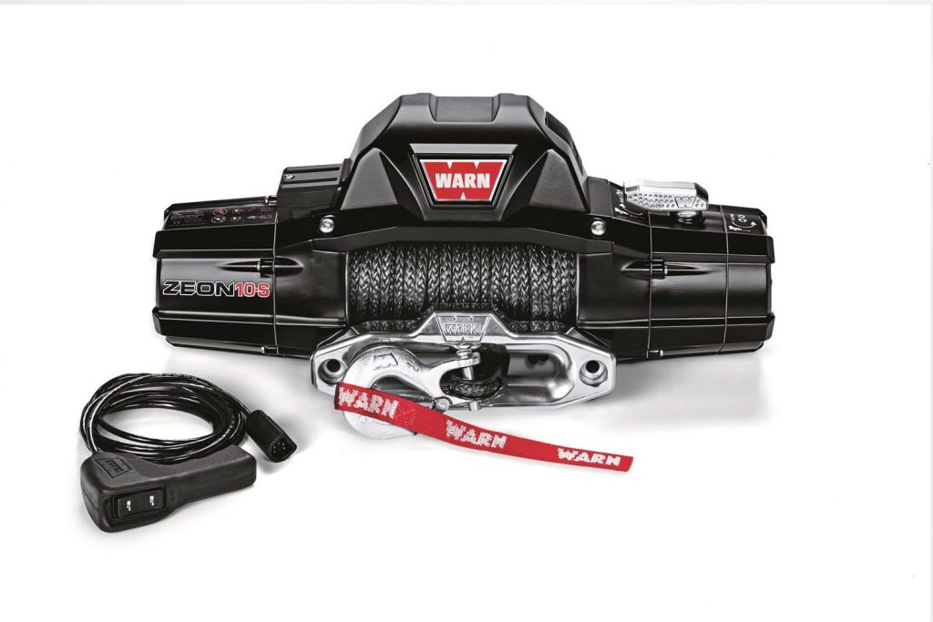 Warn Zeon 10-S winch with synthetic rope, hook, and wired remote control on a white background — manufacturer image