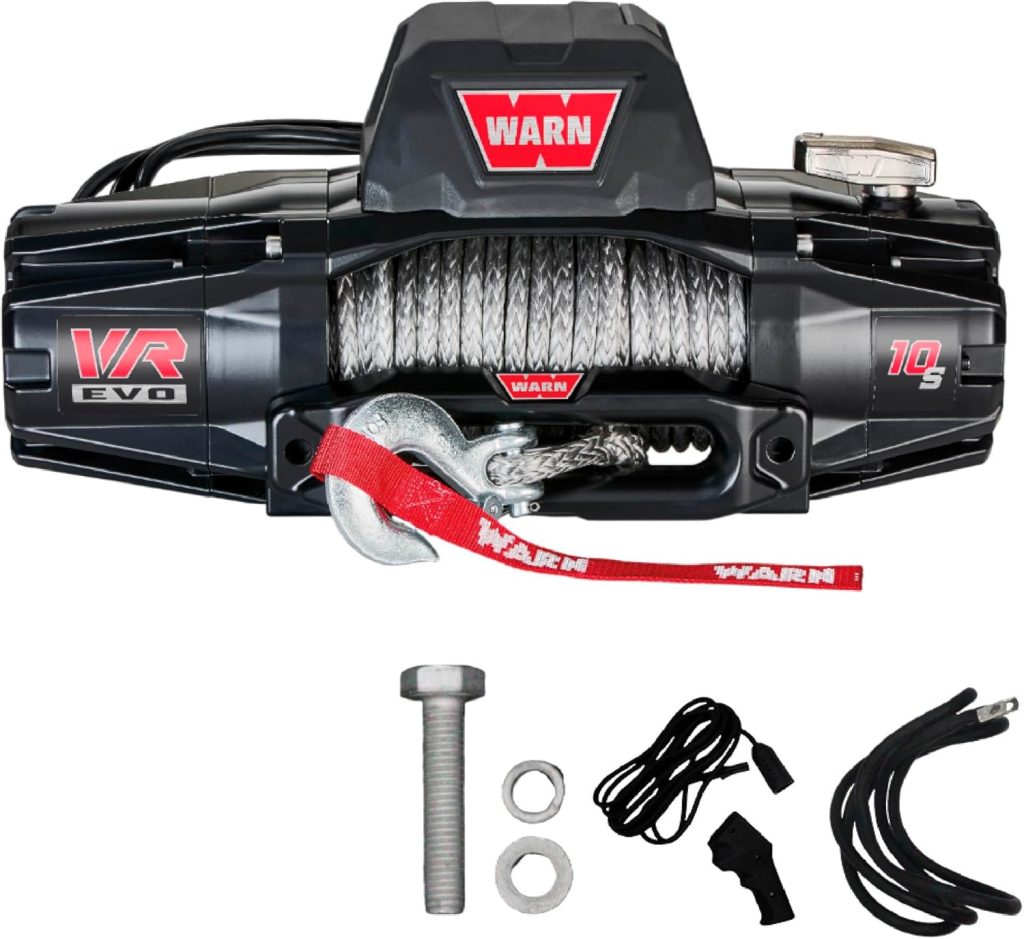 Warn VR EVO 10-S winch with synthetic rope and hook strap shown against a white studio background — manufacturer image