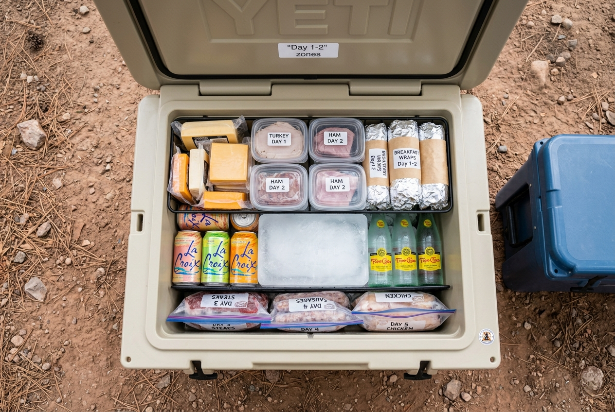 How to pack a cooler for camping with proper layering of ice and food zones