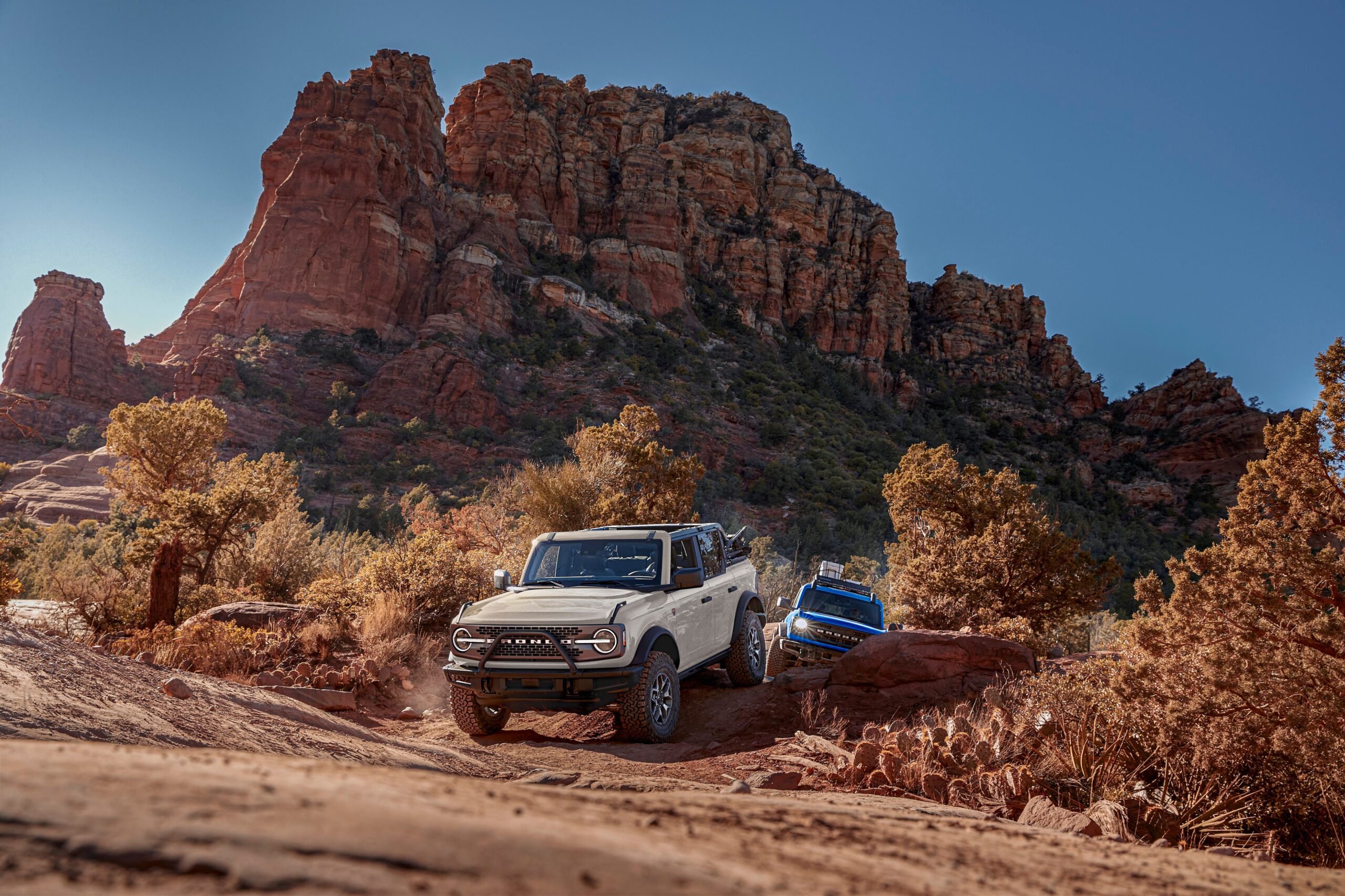 White and blue Ford Bronco Badlands models parked on red rock terrain below towering Sedona-style buttes — manufacturer image