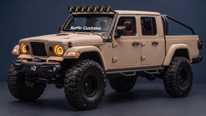 Tan SoFlo Kaizer Edition Jeep Gladiator with amber round headlights and a roof light bar in a studio shot