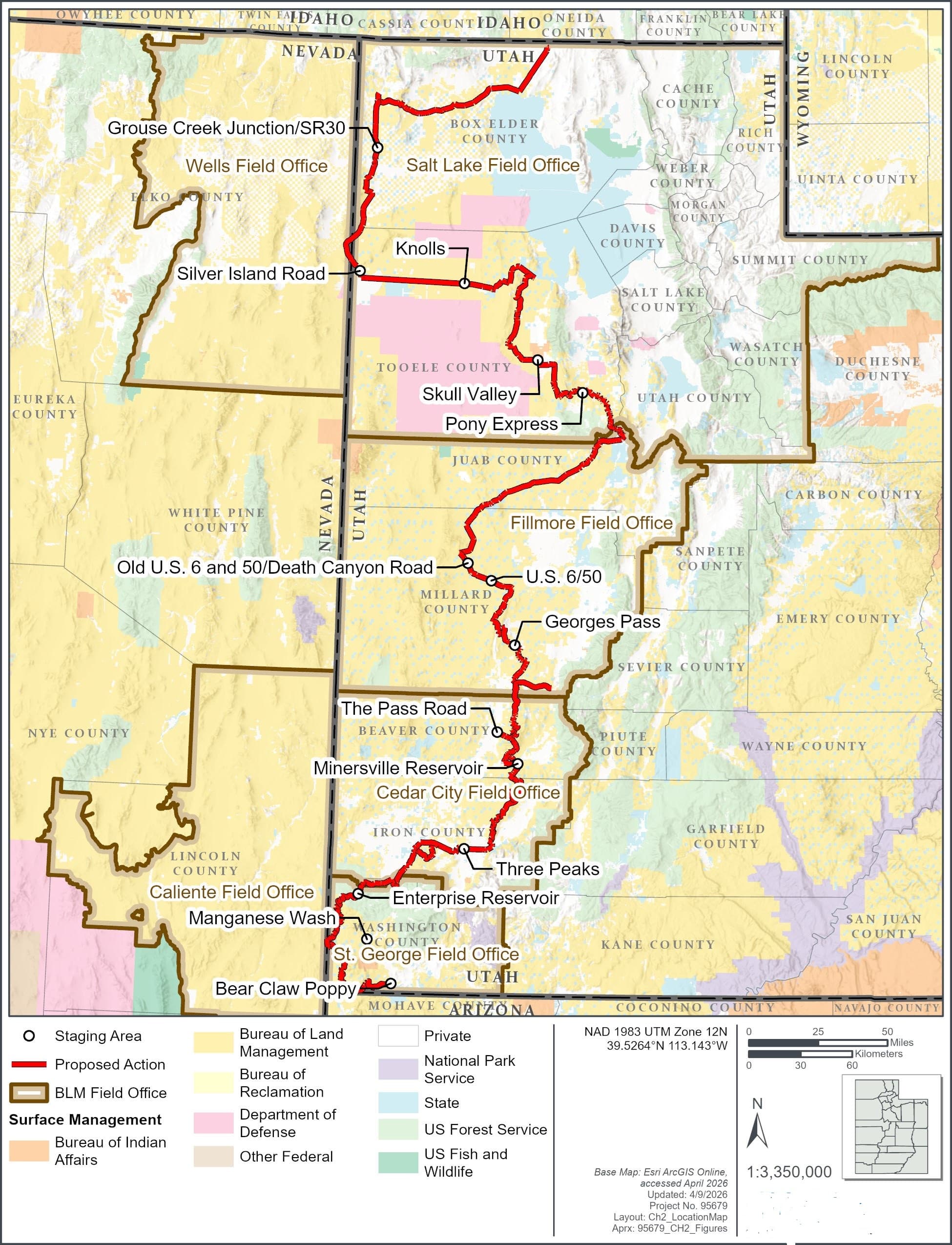 Map of Utah showing the proposed High Desert Trail route and alternatives across BLM field offices