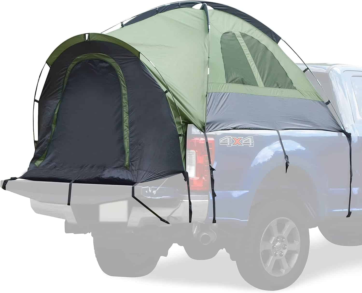 Milliard truck bed tent in green and black pitched on a blue pickup with a 4x4 badge visible on the tailgate