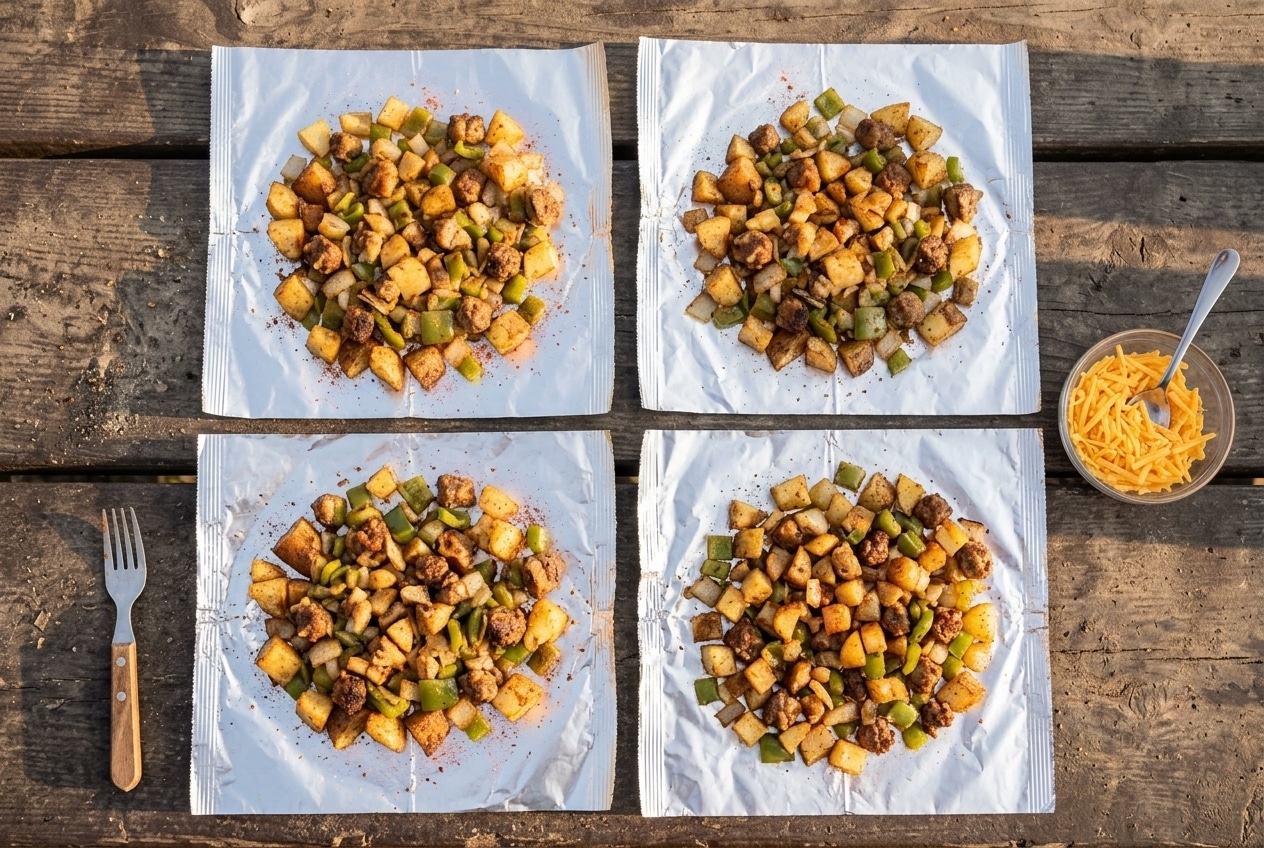 Four foil sheets with diced potatoes, sausage, peppers and onions portioned for camp breakfast hash, cheddar on the side