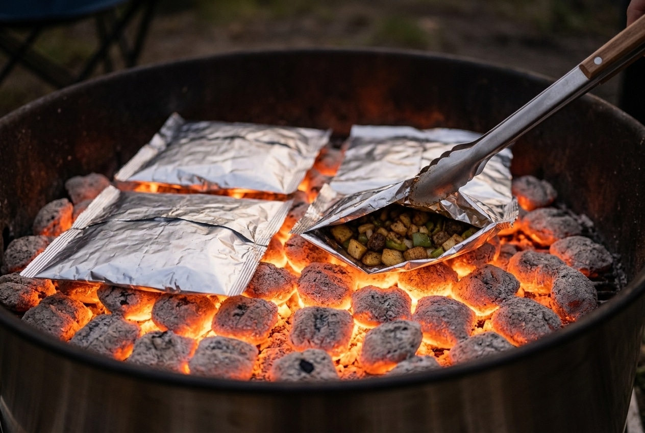 Foil packet breakfast hash cooking over glowing charcoal in a fire ring, tongs opening one packet to check doneness