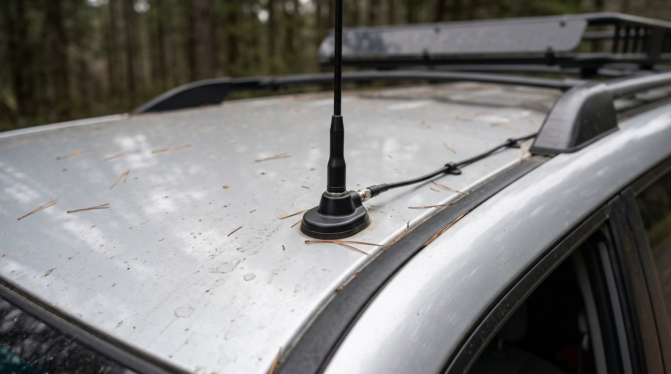 Black NMO magnetic mount antenna at the center of a vehicle roof with coax routed to the door frame