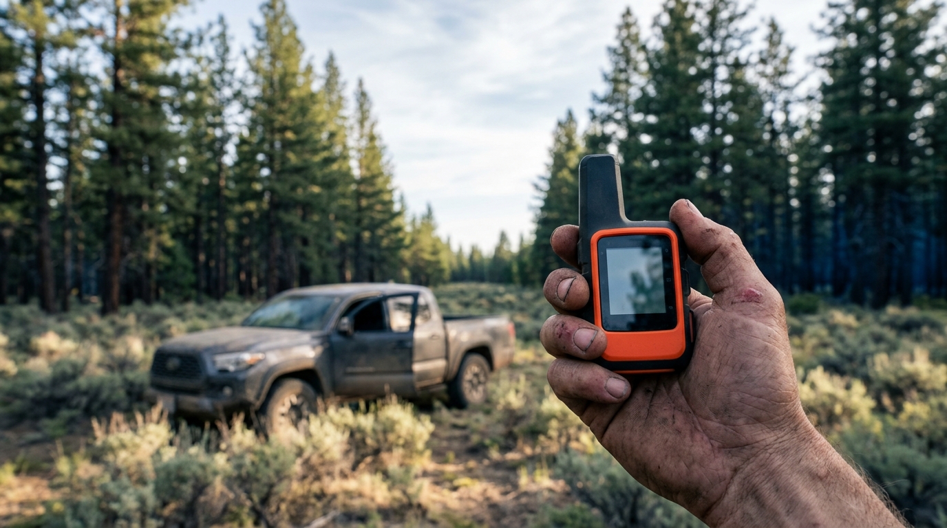 Hand holding an orange satellite messenger in an open clearing with a muddy pickup parked behind