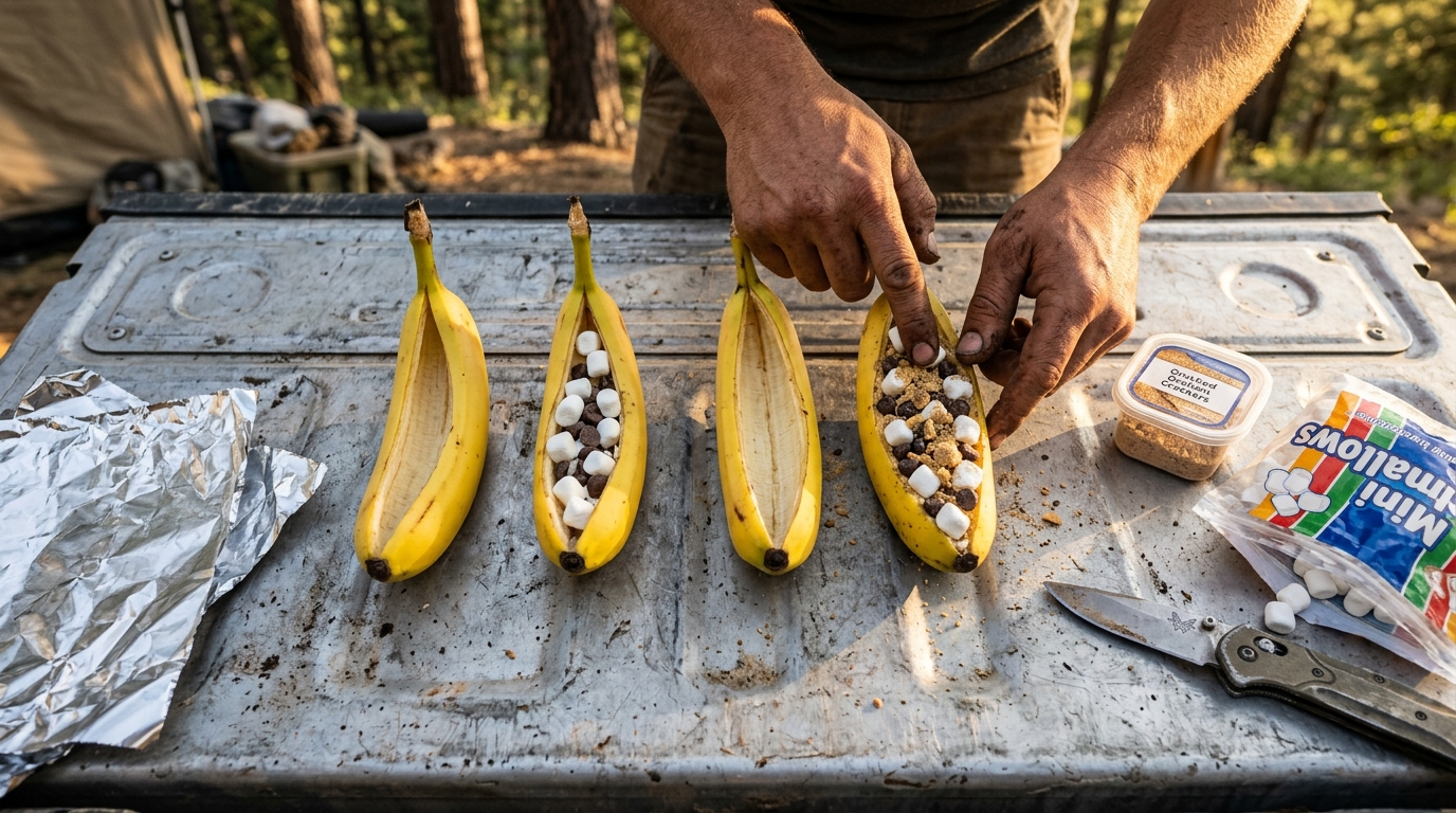 Four bananas sliced lengthwise on a truck tailgate, filled with mini marshmallows, chocolate chips, and crushed graham crackers