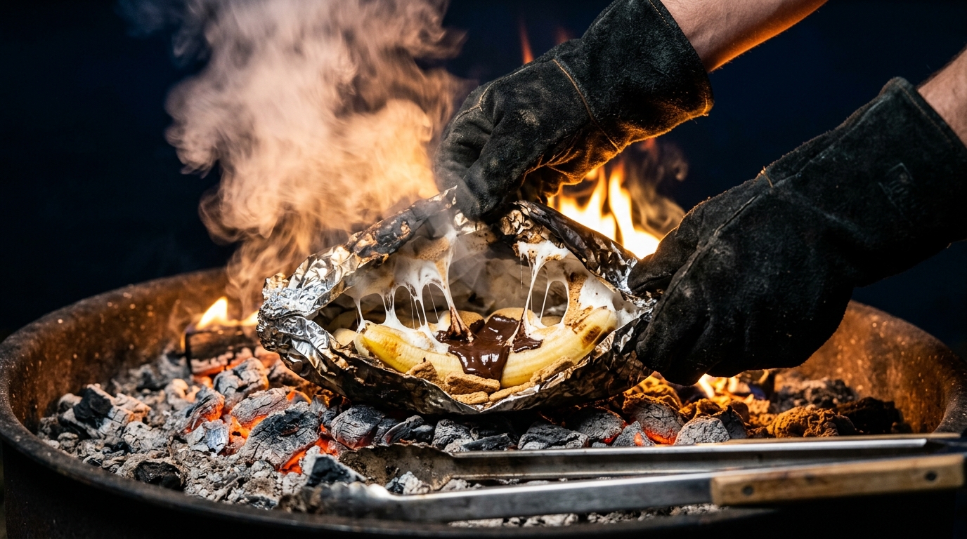 Gloved hands opening a foil packet smores banana on campfire coals with steam rising