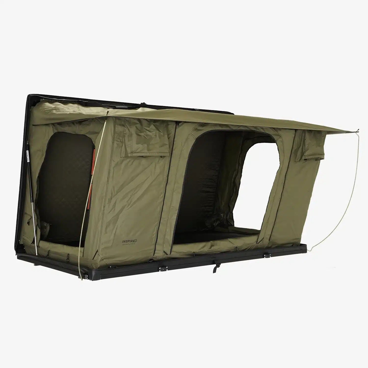 Olive green Inspired Overland Trailpeak side-opening rooftop tent shown open on a white background