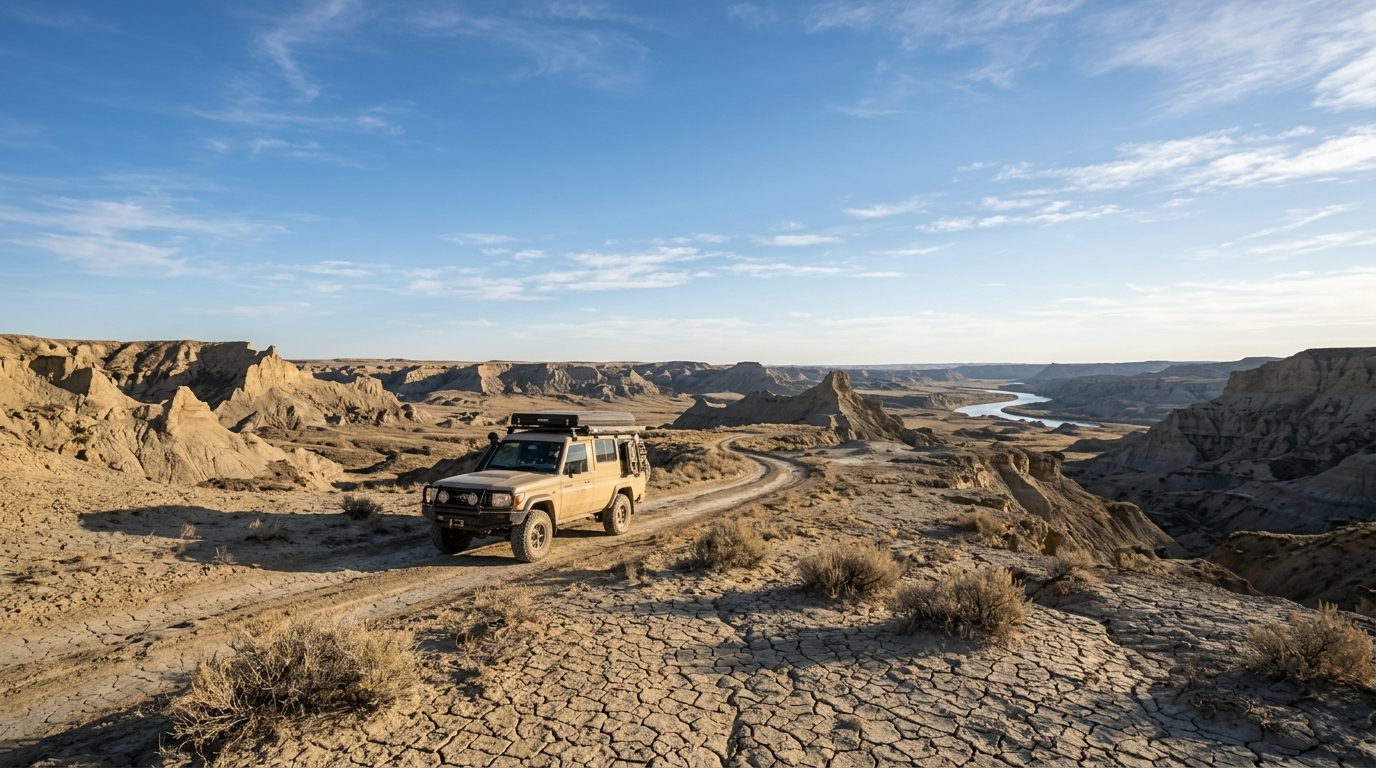 4x4 on a two-track at Upper Missouri River Breaks BLM dispersed camping in Montana
