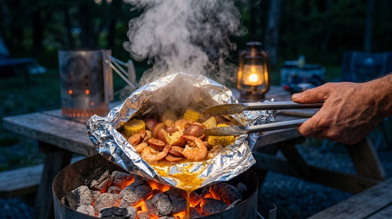 Tongs opening a steaming foil packet shrimp boil over glowing charcoal coals at a night campsite