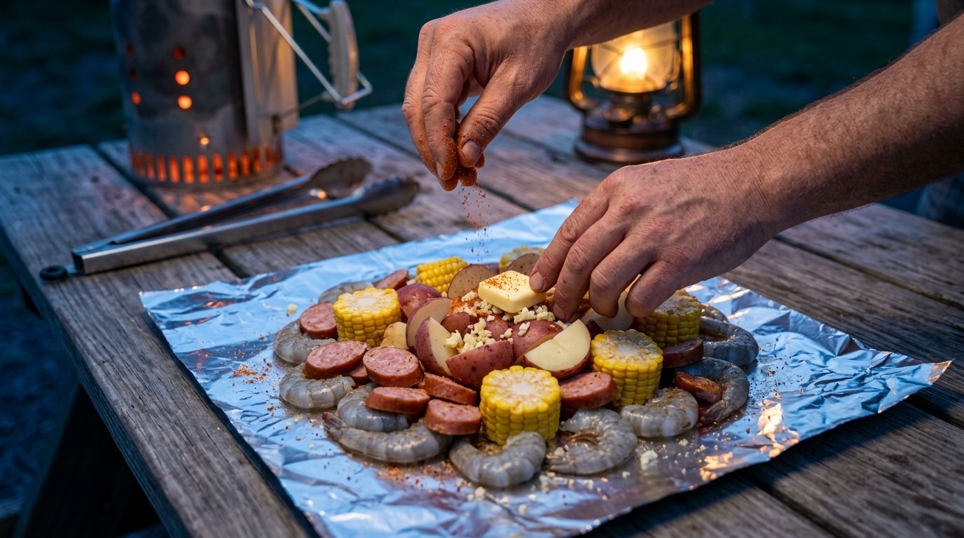 Hands seasoning a foil packet of raw shrimp, sausage, par-boiled potatoes, and corn with Old Bay and butter before cooking at camp