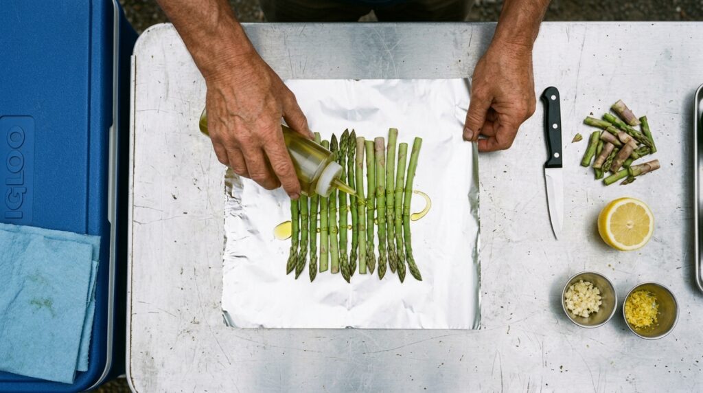 Hands drizzling olive oil over trimmed asparagus spears laid flat on a square of heavy-duty foil at a camp table
