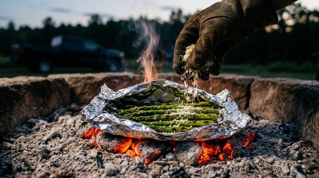 Gloved hand sprinkling grated parmesan over foil packet grilled asparagus steaming open on a bed of medium coals