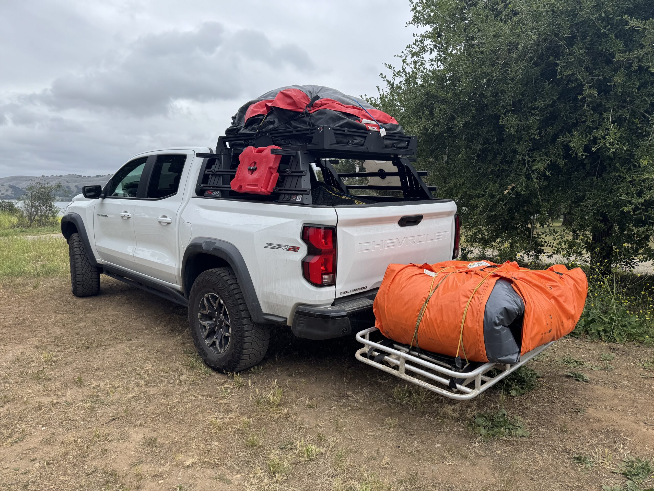 Sonmez Maxia 480 inflatable tent folded up and Lake Cachuma, Santa Barbara