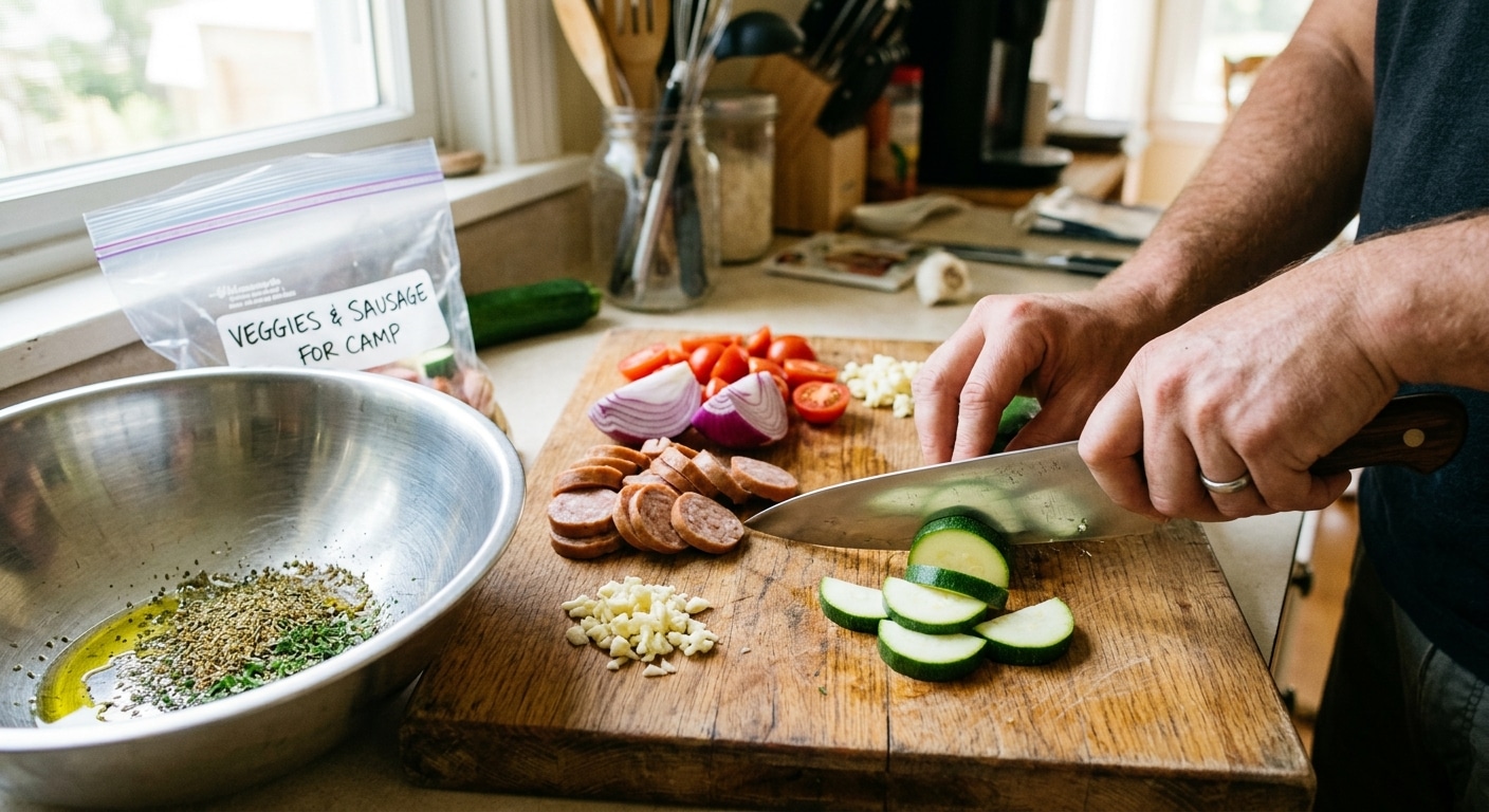 Slicing zucchini, sausage, and vegetables at home to prep foil packet Italian sausage and veggies the night before a trip