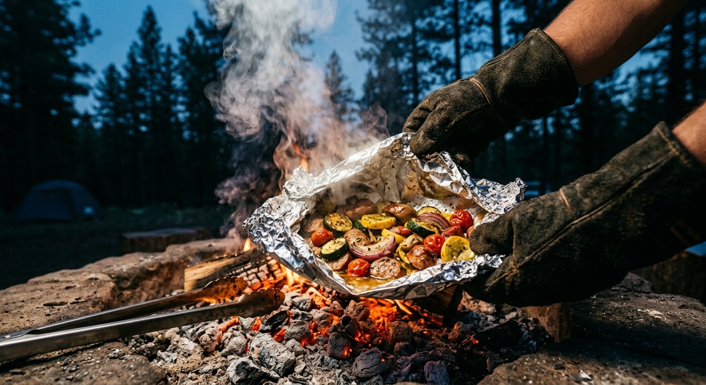 Gloved hands opening a steaming foil packet of Italian sausage and veggies over glowing campfire coals at dusk