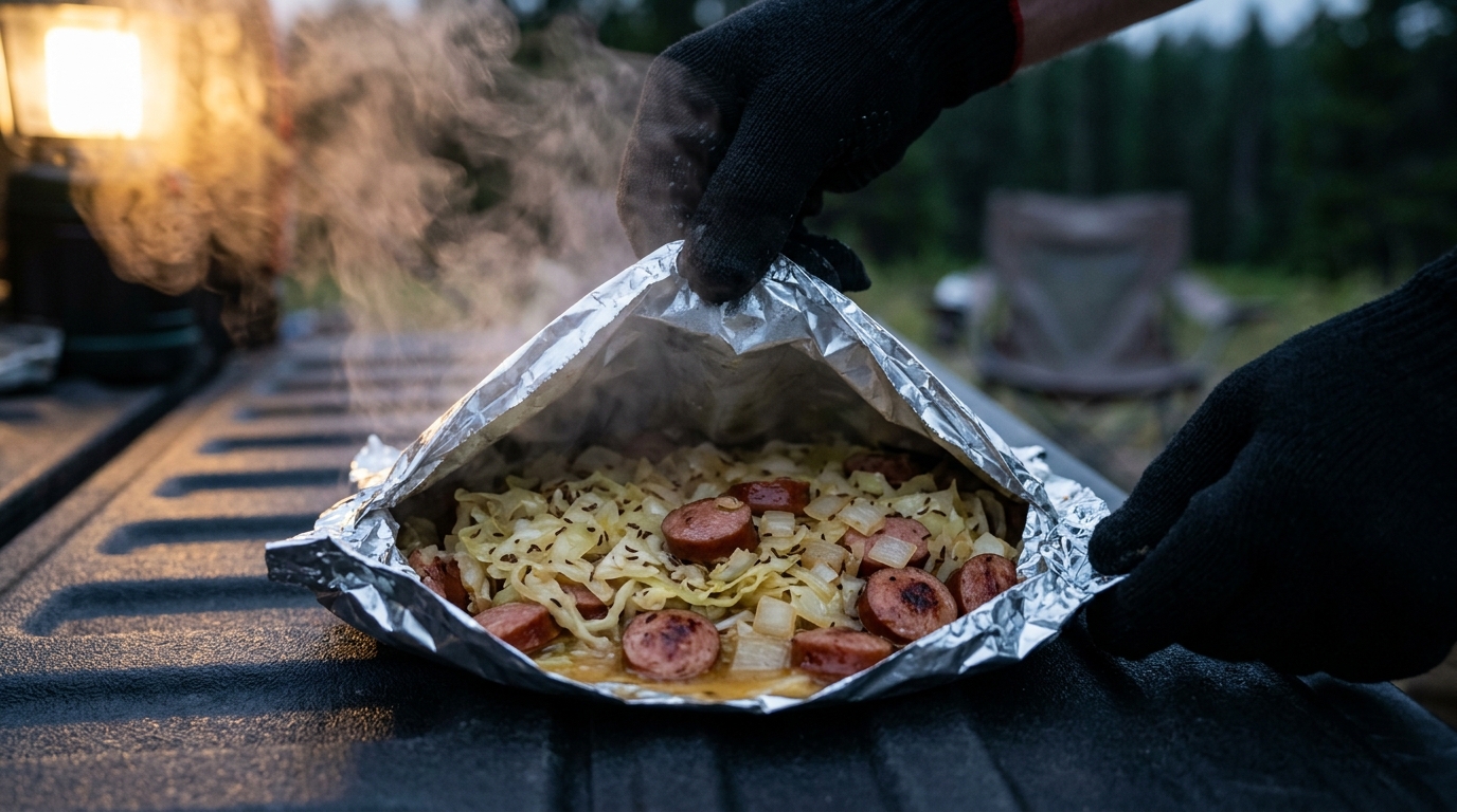 Gloved hands opening a foil packet of kielbasa and cabbage with steam rising at camp