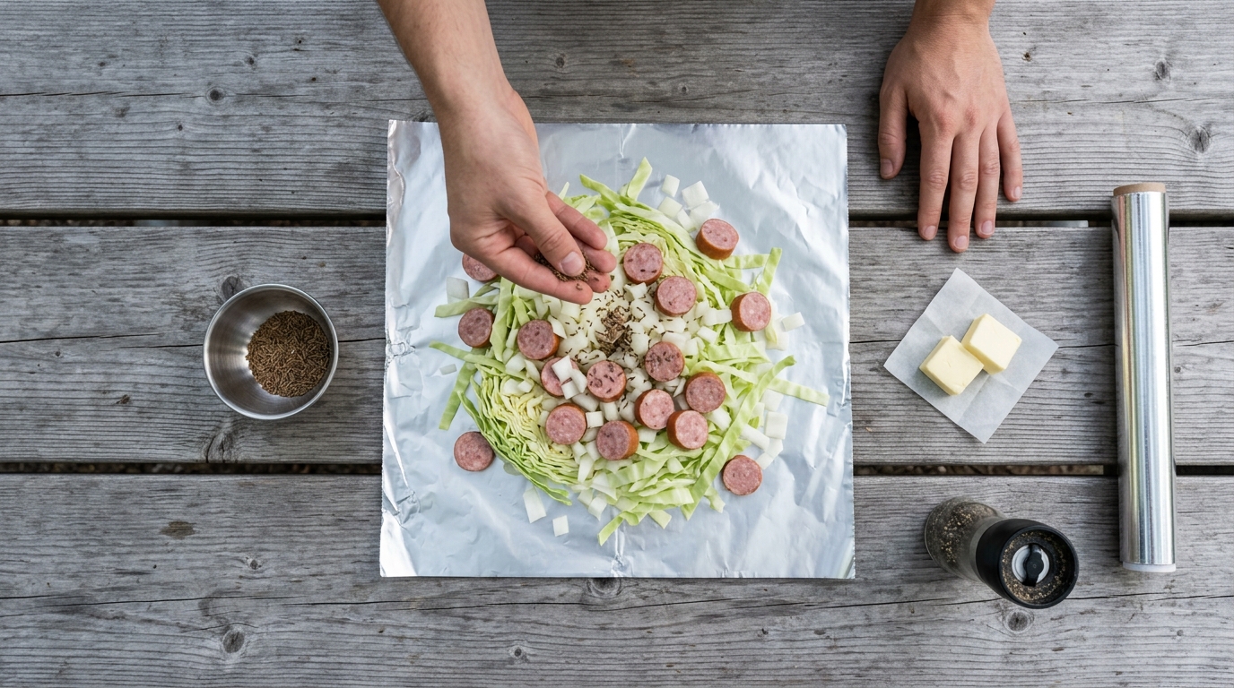 Hands sprinkling caraway seeds over shredded cabbage and sliced kielbasa on a foil square at camp