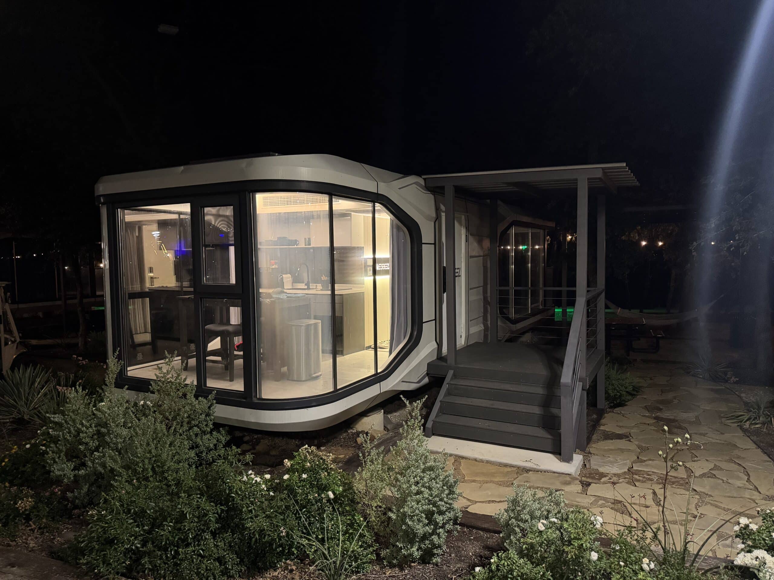 This is our vessel/cabin illuminated at night at Camp Quitcherbichin