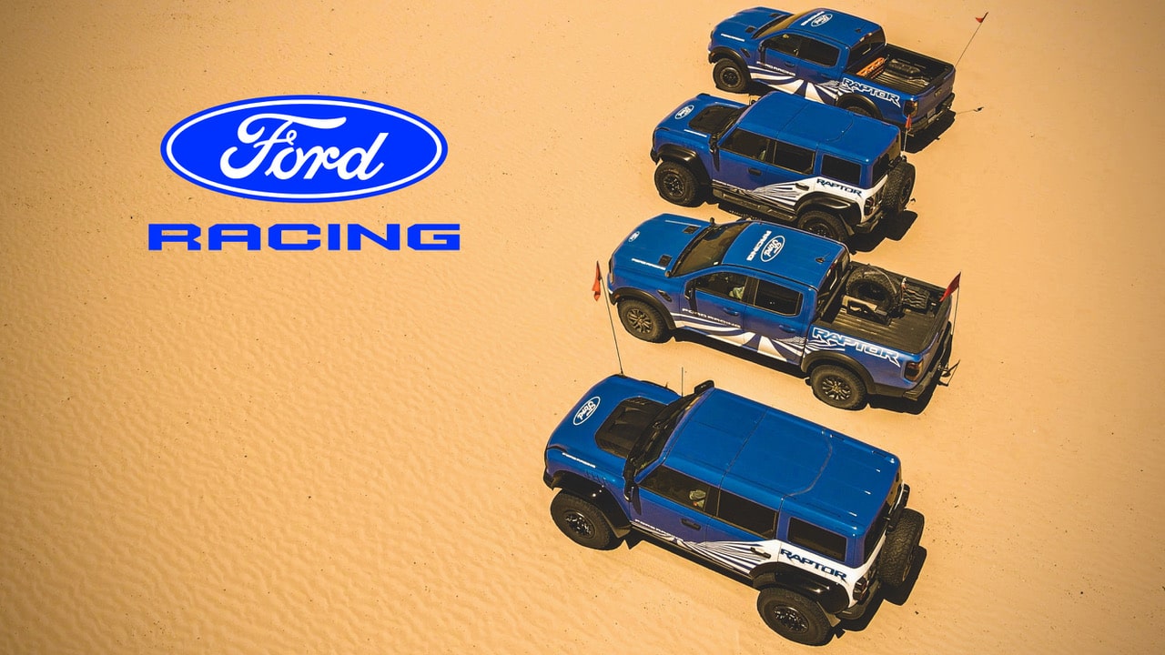 Ford Ranger Raptor racing across desert sand dunes