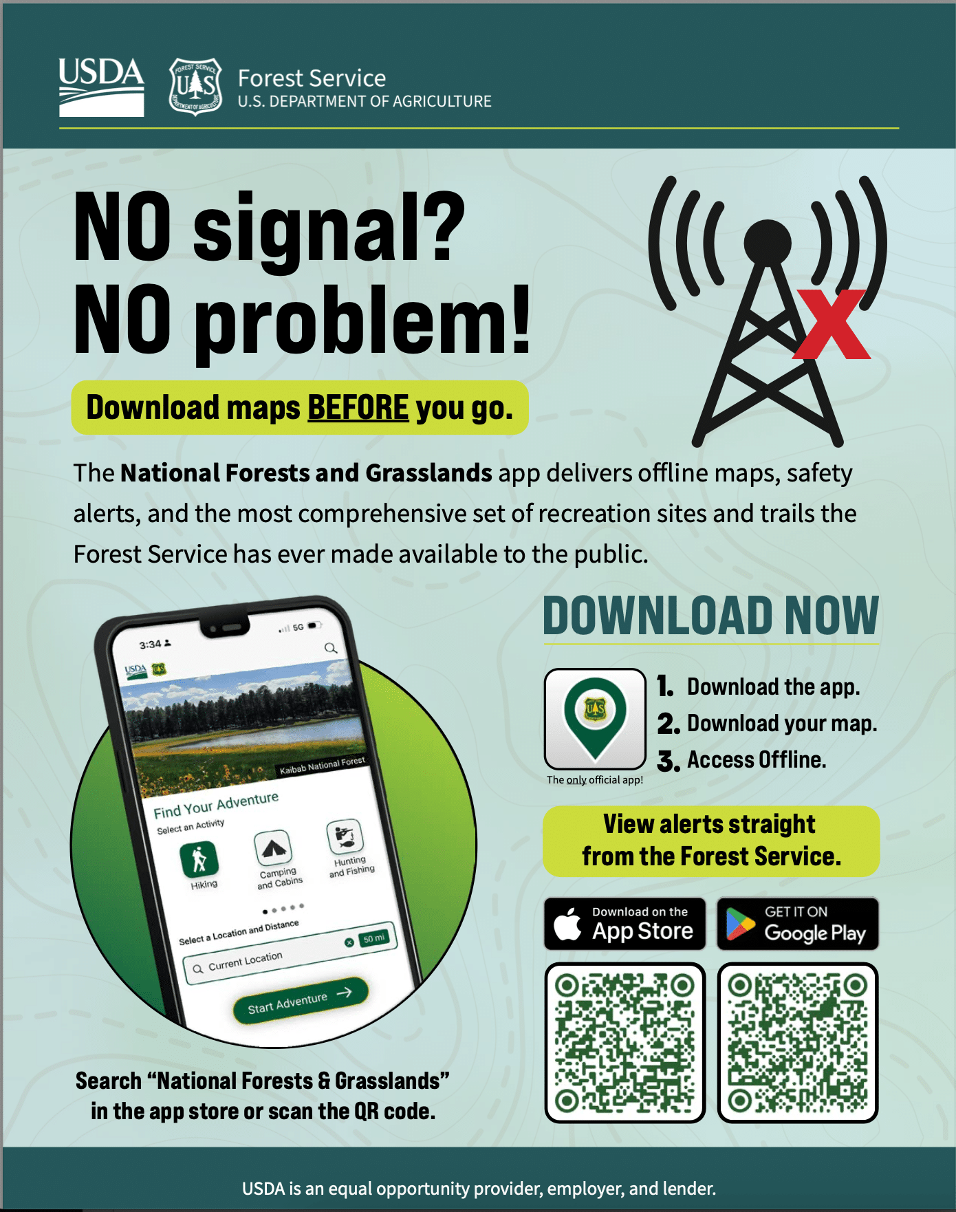 National Forests and Grasslands app flyer explaining how to download offline maps before heading out of cell range