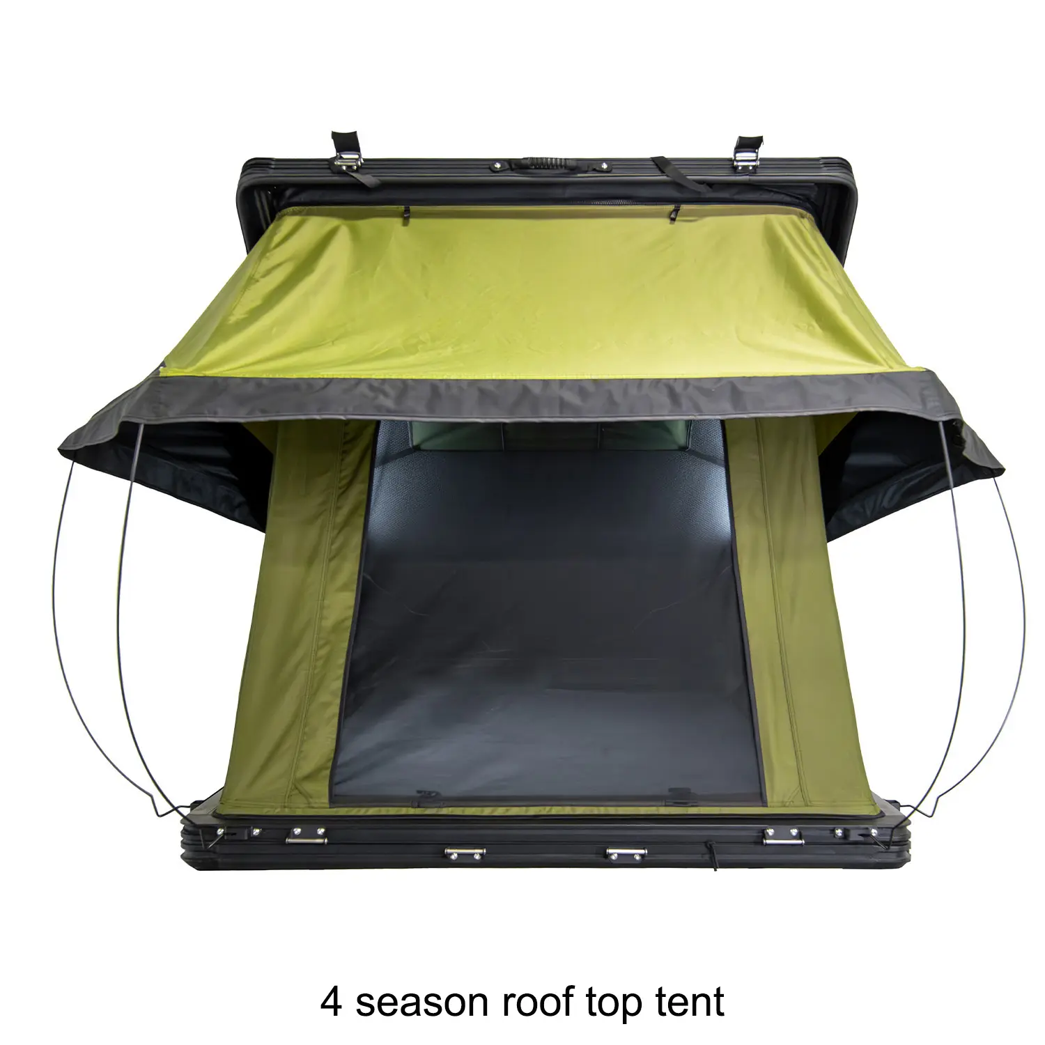 23Zero Kabari SuperFly rooftop tent opened from the front with the mesh door up, showing the interior floor and 4-season shell