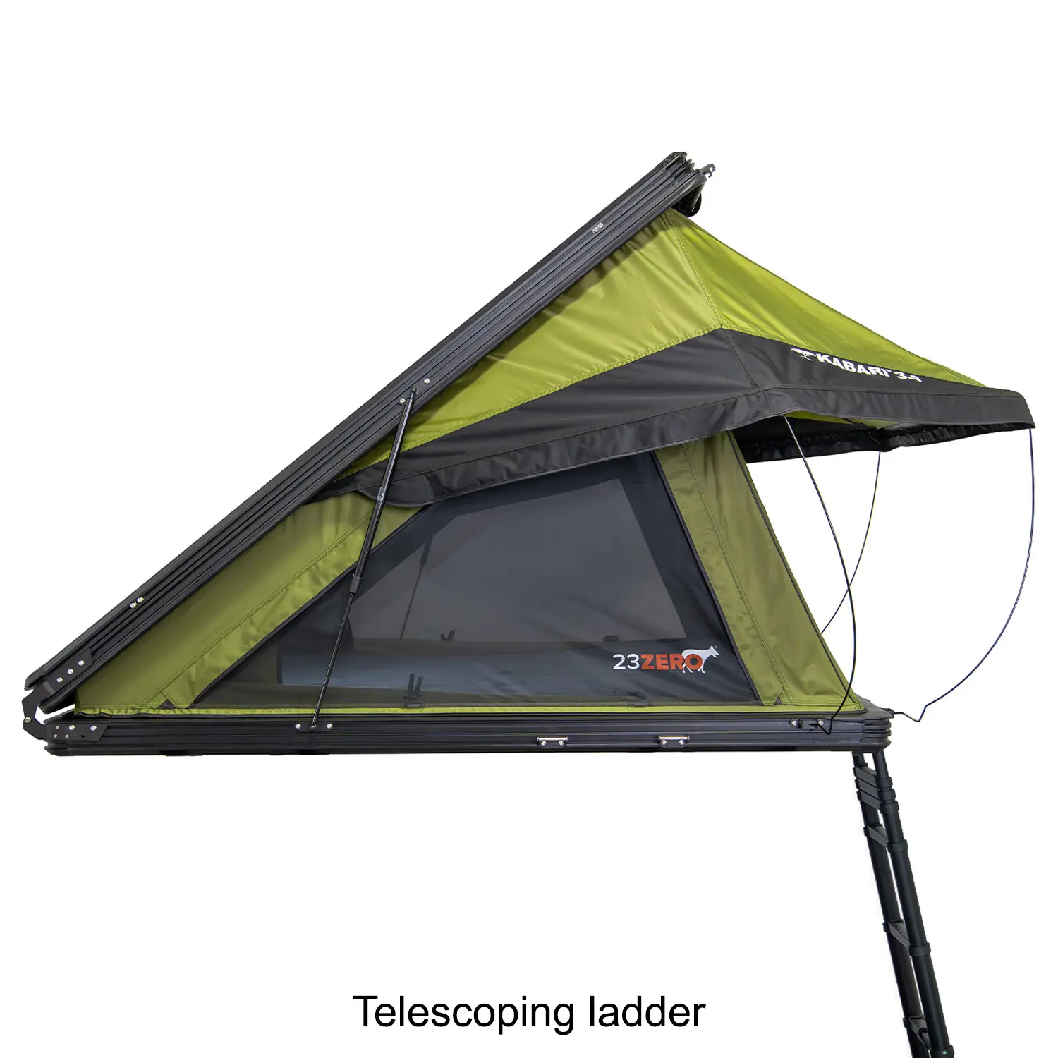 Side profile of the 23Zero Kabari SuperFly wedge rooftop tent open on its telescoping aluminum ladder