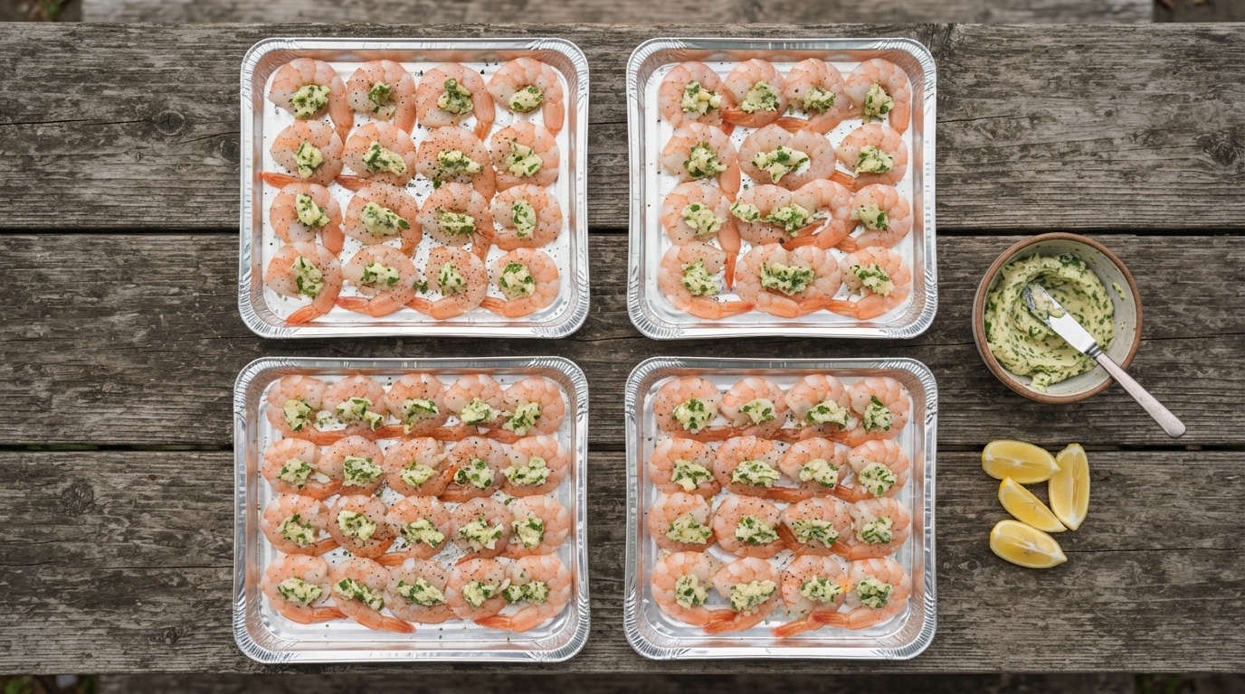 Raw peeled shrimp and garlic parsley butter portioned across four heavy-duty foil squares to assemble foil packet garlic butter shrimp