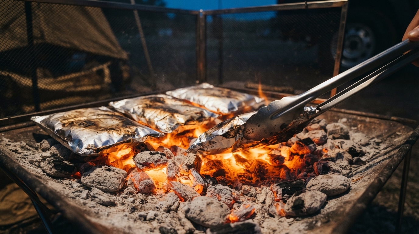 Four foil packet garlic butter shrimp packets cooking on glowing charcoal coals in a pop-up fire pit, tongs flipping one packet