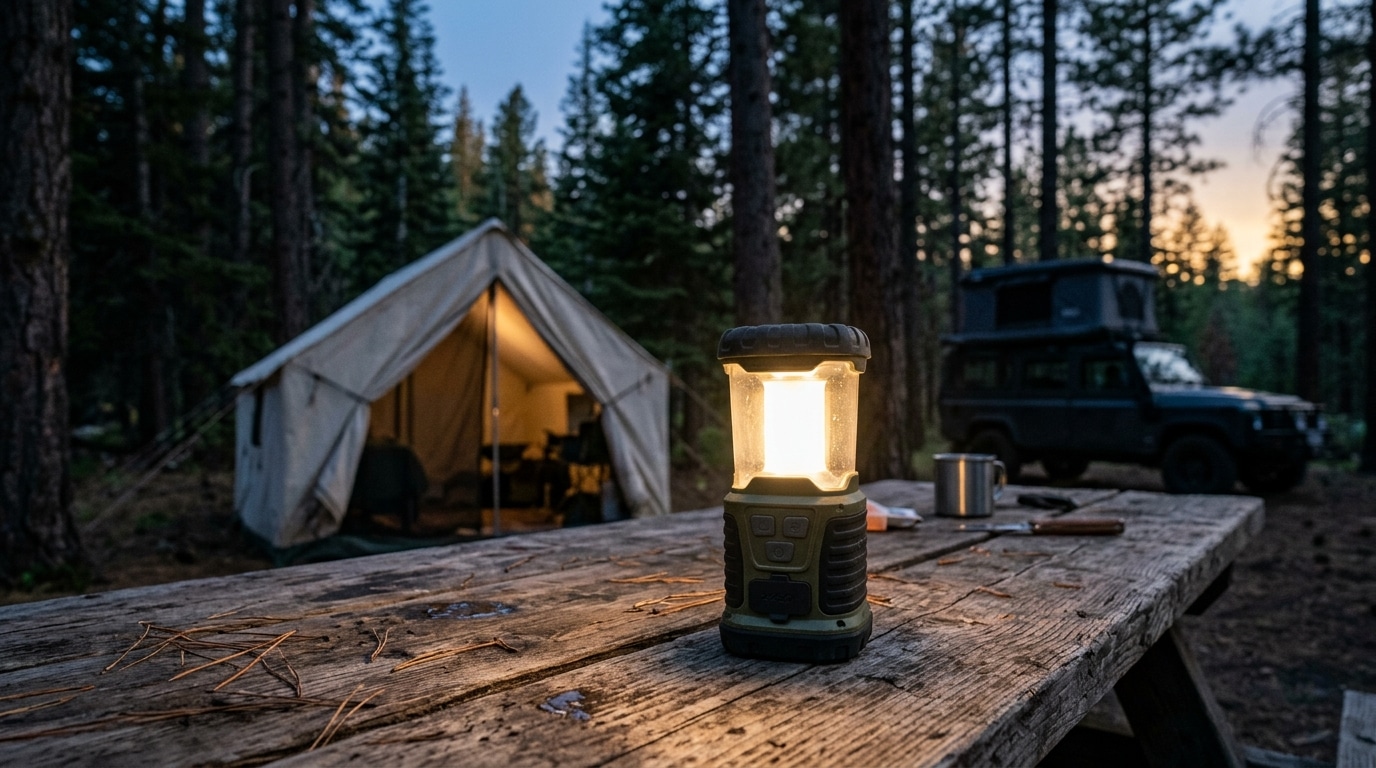 One of the best camping lanterns lit on a picnic table in front of a canvas tent at a forest campsite during dusk