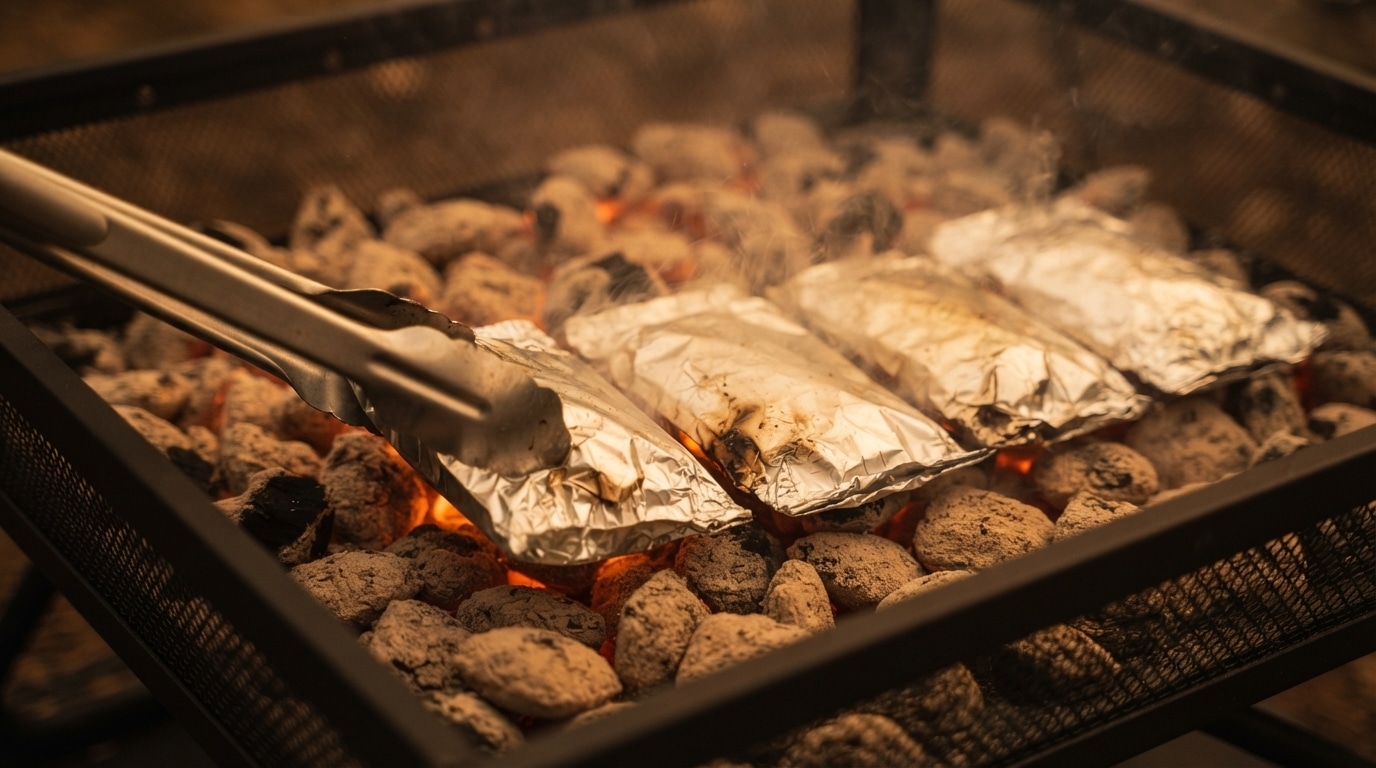 Four foil packet teriyaki salmon packets cooking on glowing charcoal coals in a pop-up fire pit, tongs rotating one packet