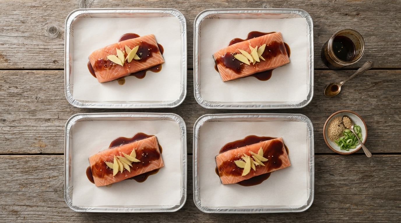 Salmon fillets on parchment-lined foil squares spooned with teriyaki sauce and ginger to assemble foil packet teriyaki salmon