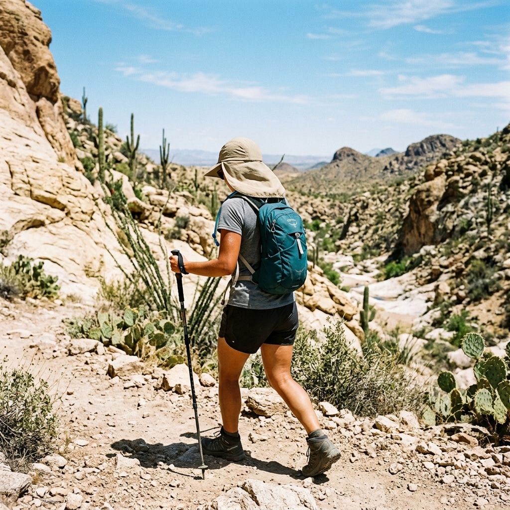 Best sun hat for hiking in the desert: hiker on a sunlit trail wearing a sun hat with a neck cape