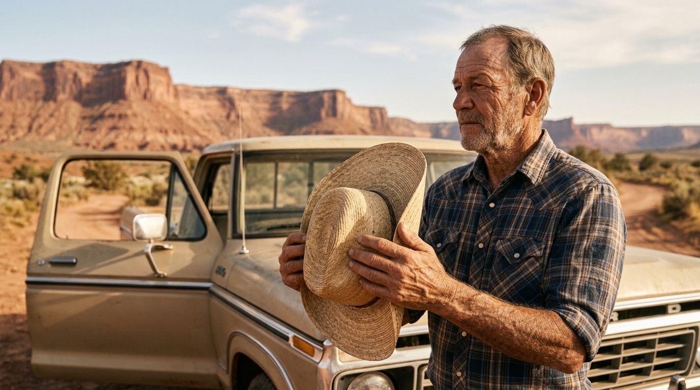 Straw cowboy sun hat for desert camping: overlander holding a wide-brim palm-leaf hat beside a vintage truck