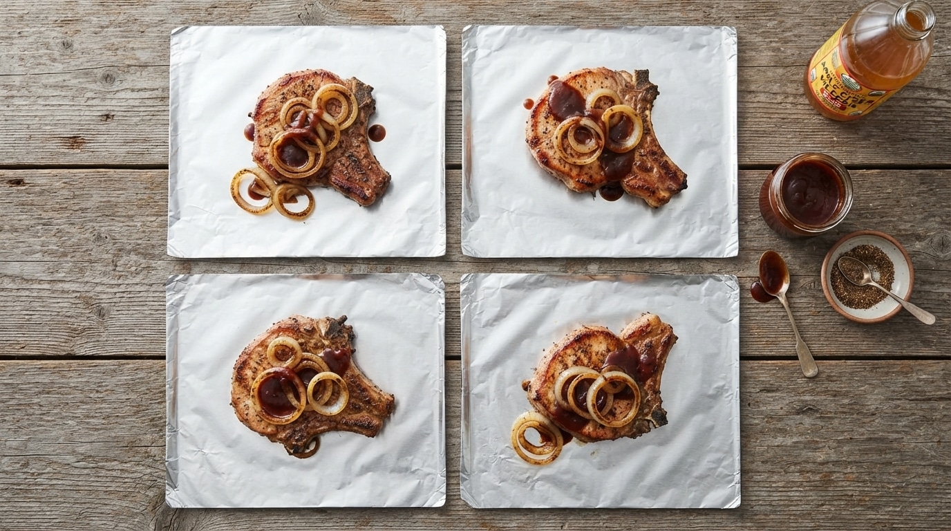 Raw bone-in pork chops topped with onion rings and BBQ sauce on foil squares before tent-folding