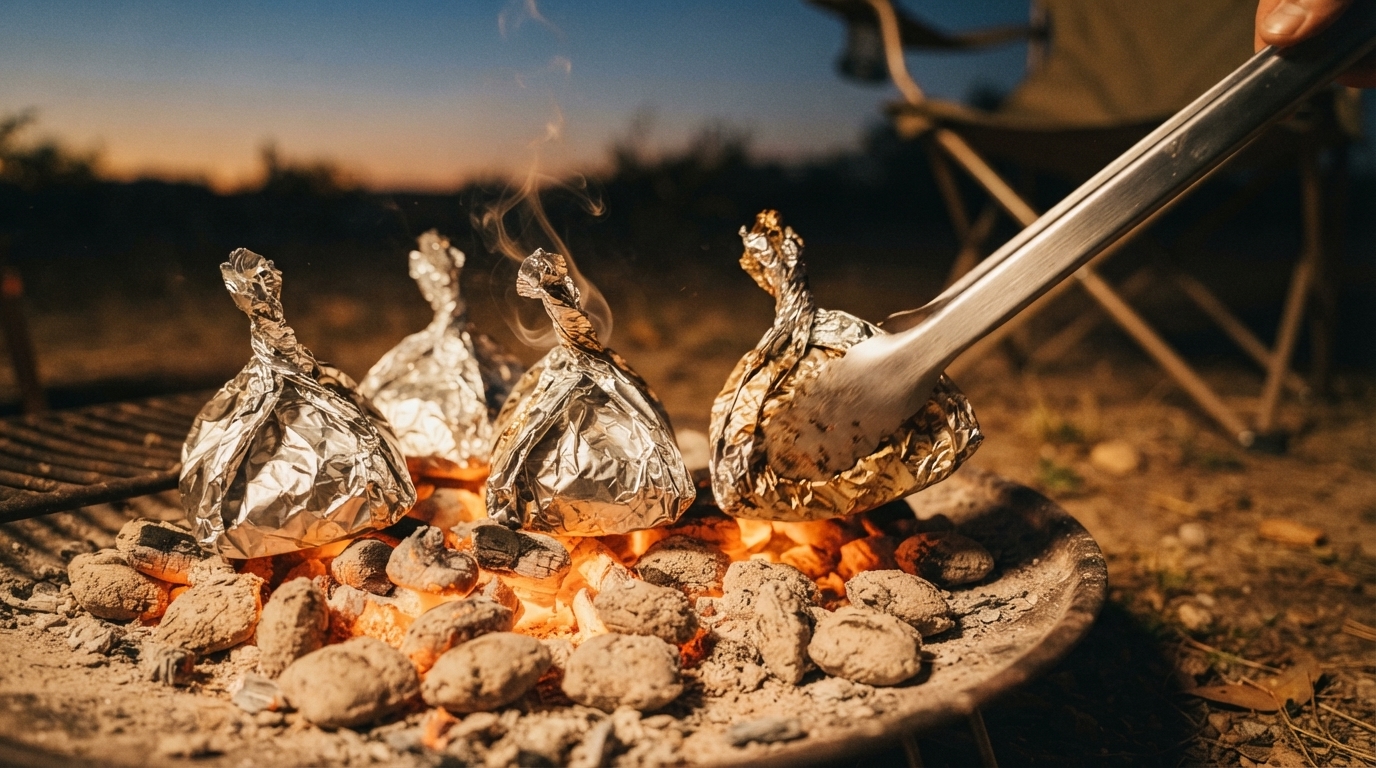 Tent-folded foil packets with BBQ pork chops cooking on glowing camp coals, tongs rotating one packet