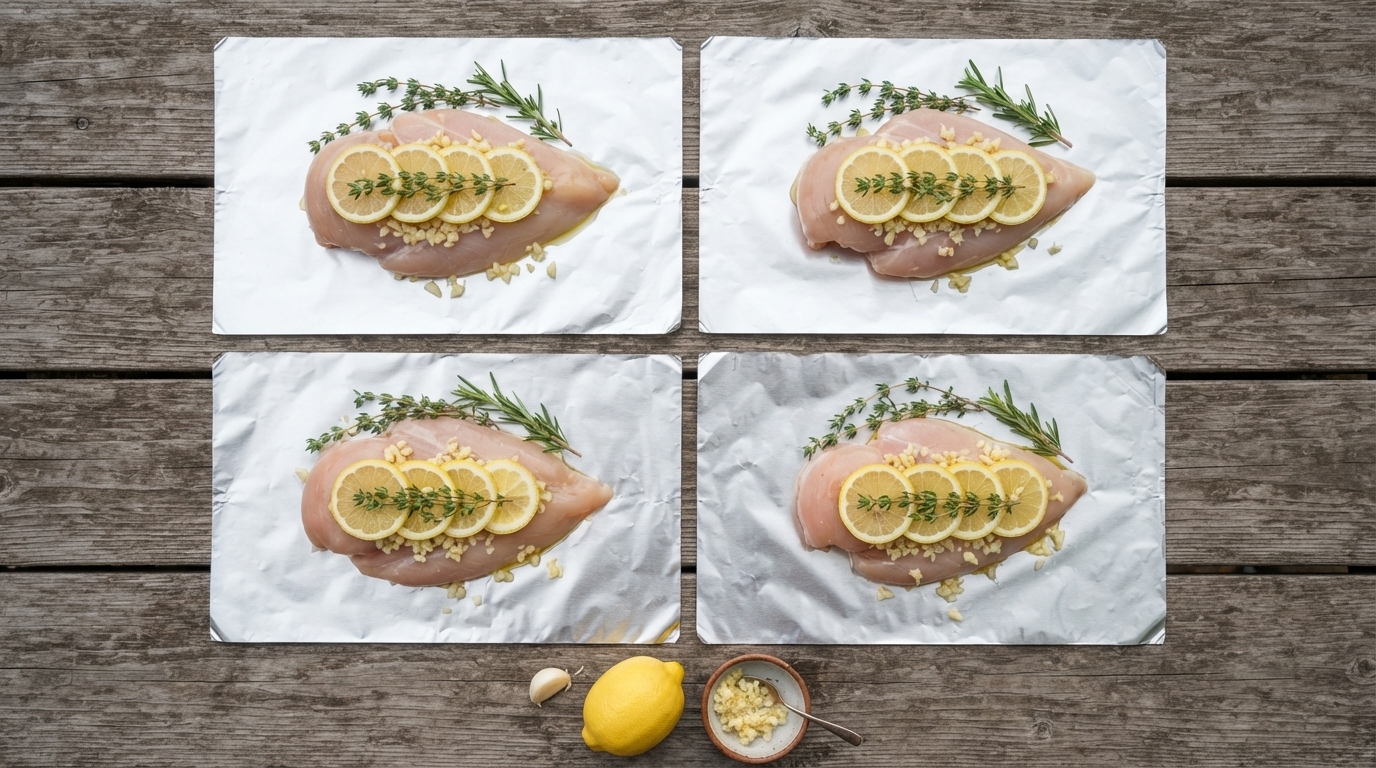Raw chicken breasts topped with lemon slices, garlic, and fresh herbs on foil squares before flat-pack folding