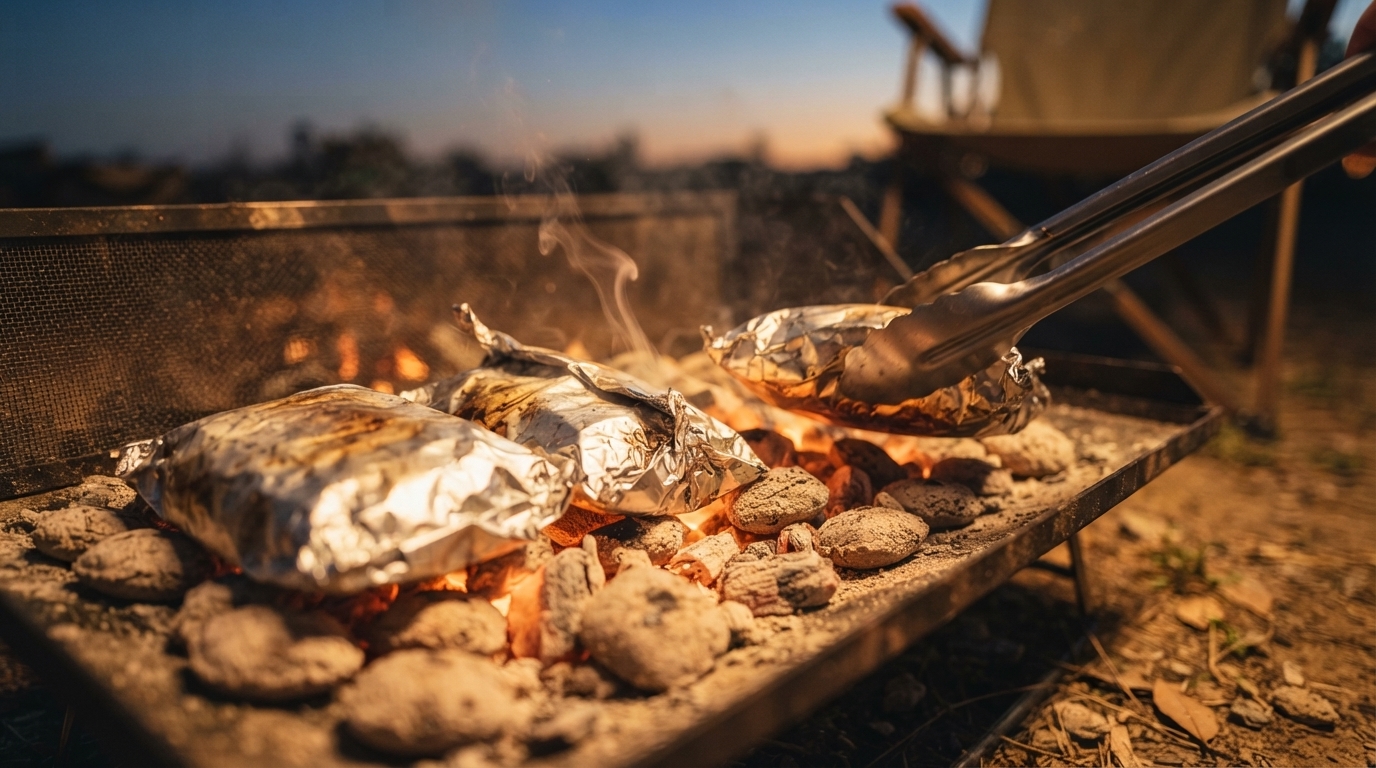 Flat-packed foil packets with lemon herb chicken cooking on glowing camp coals, tongs flipping one packet