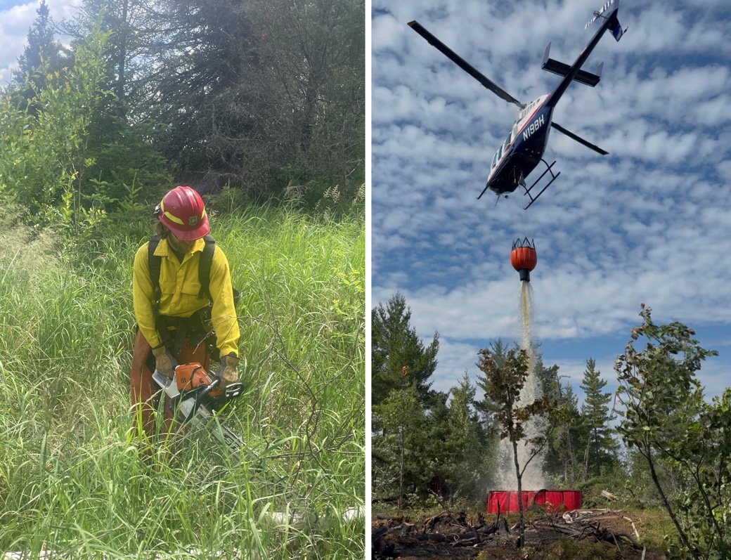 Firefighter with a chainsaw and a helicopter bucket refill on the Sioux Fire
