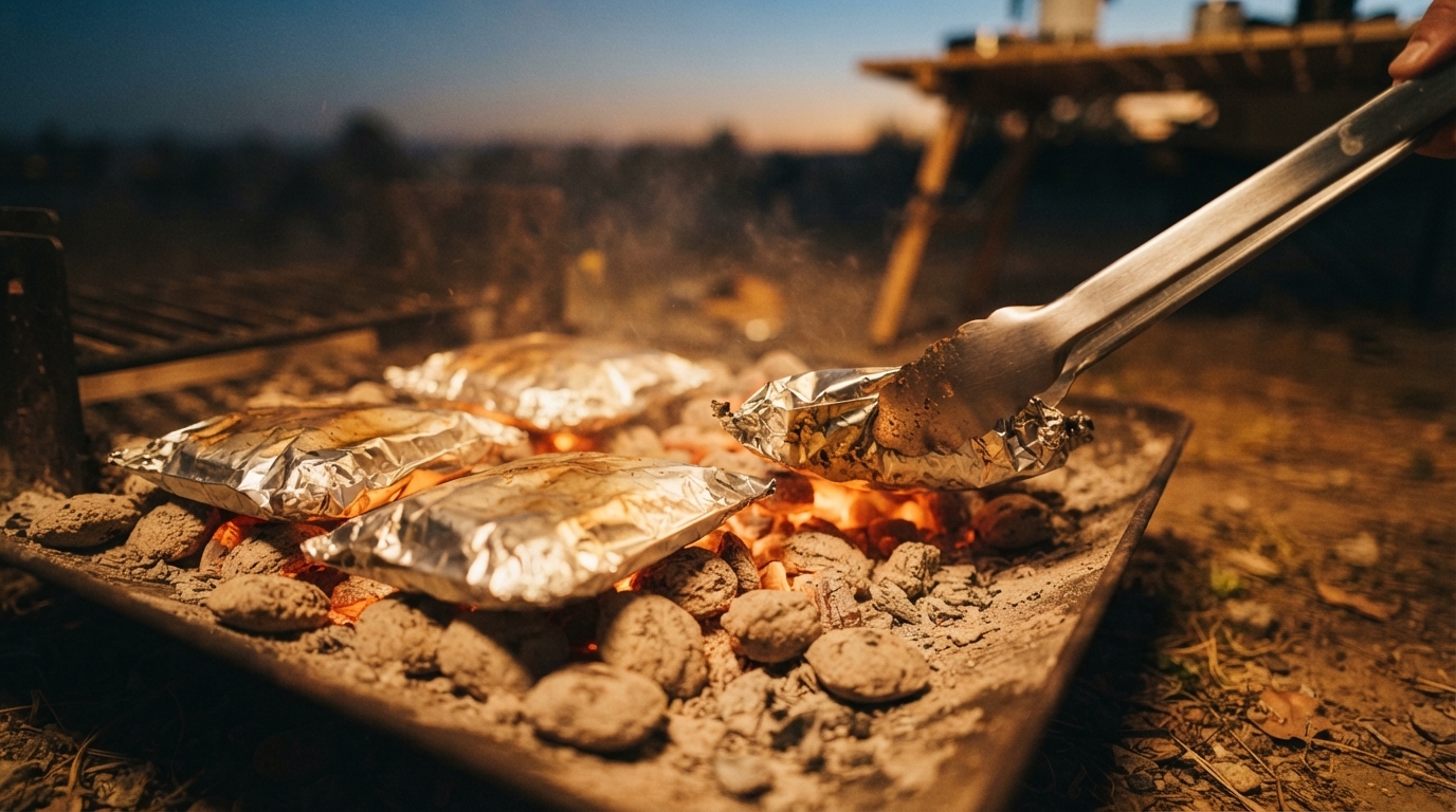Flat-packed foil packets with lemon herb chicken cooking on glowing camp coals, tongs flipping one packet